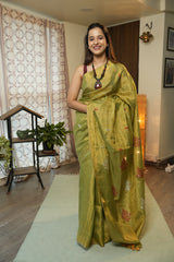 Gold Green Tissue Linen Jamdani Saree - SRGRTLJS156