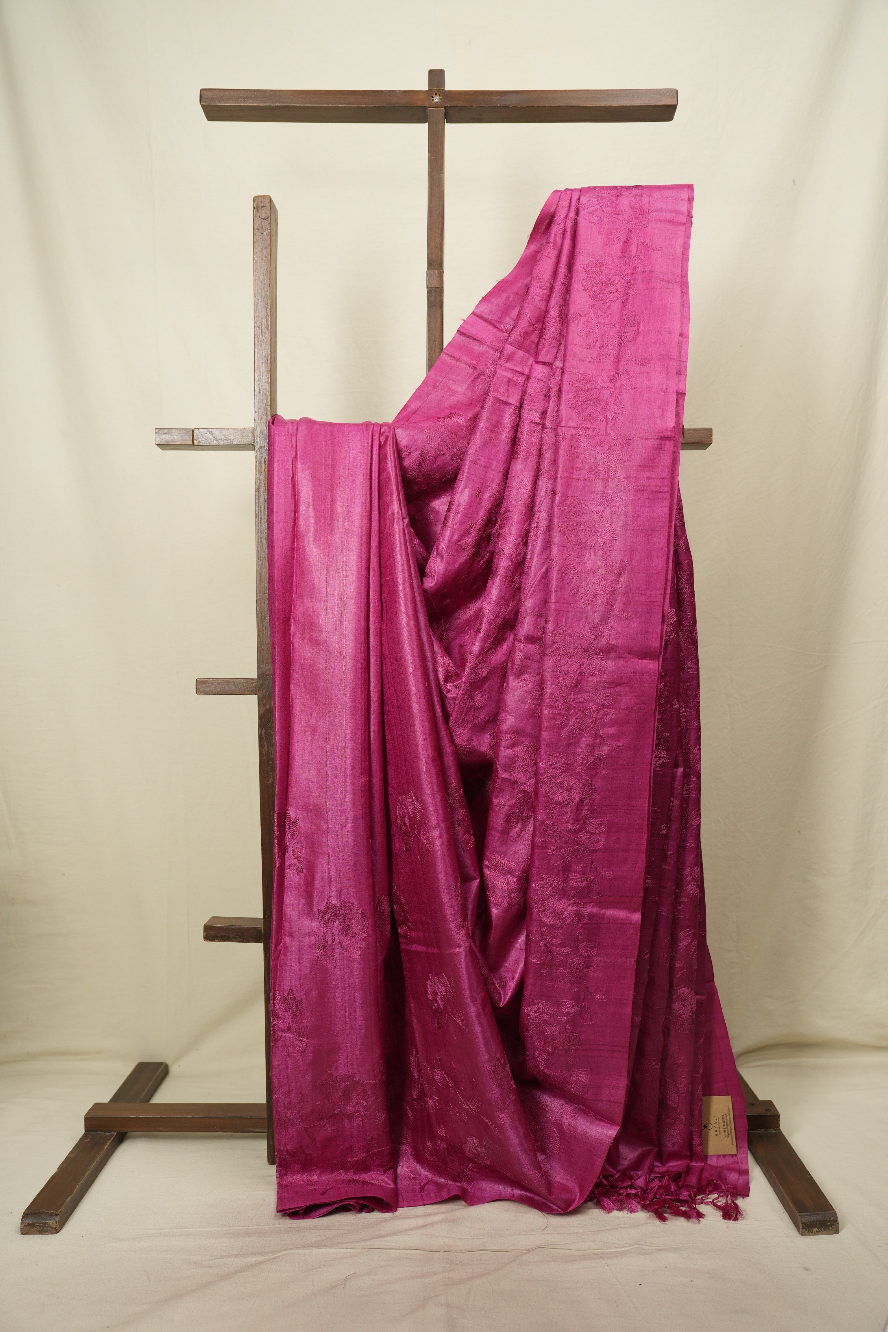 Rani Pink Machine Embroidered Tussar Silk Saree - SRRPMETSS1602