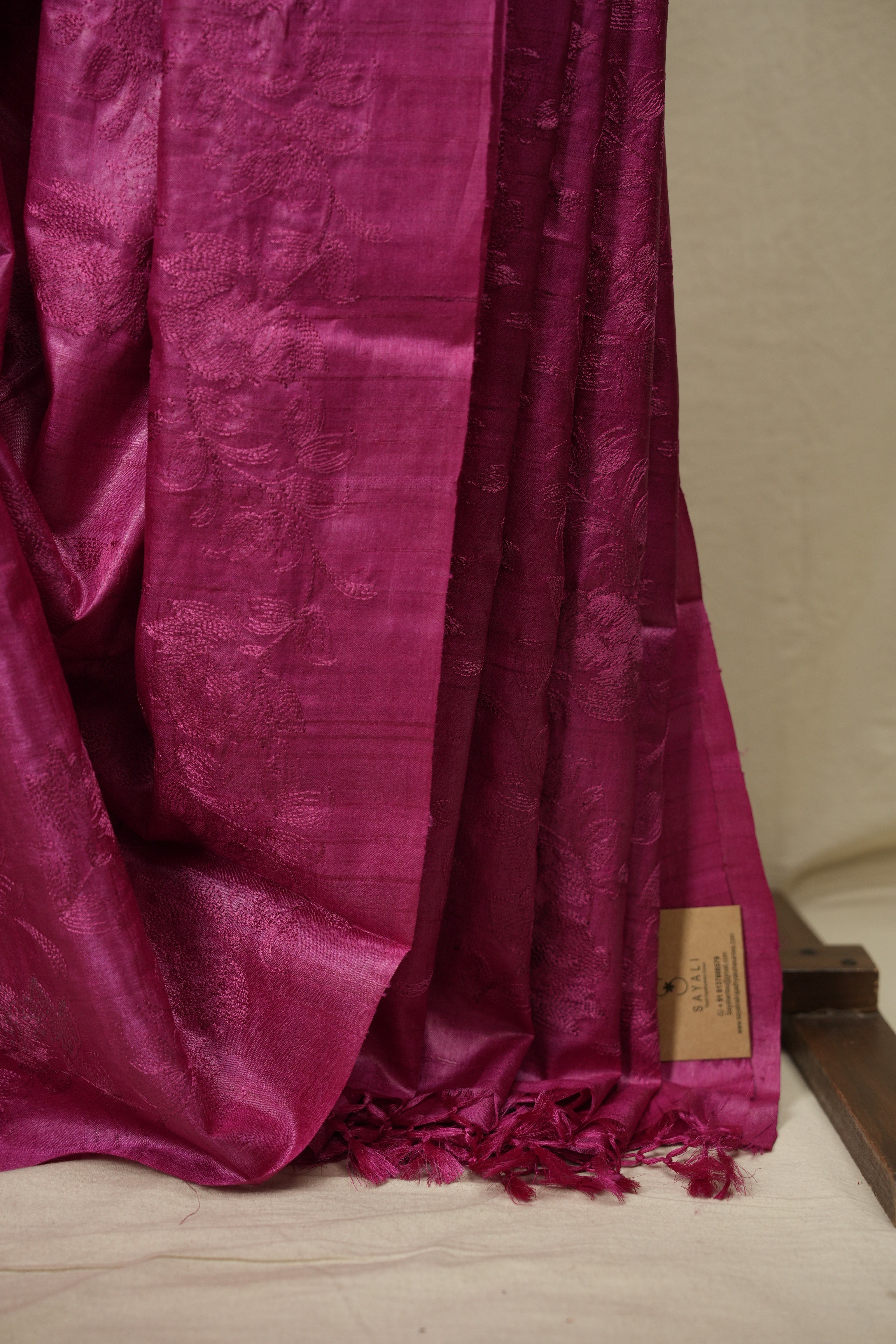 Rani Pink Machine Embroidered Tussar Silk Saree - SRRPMETSS1602