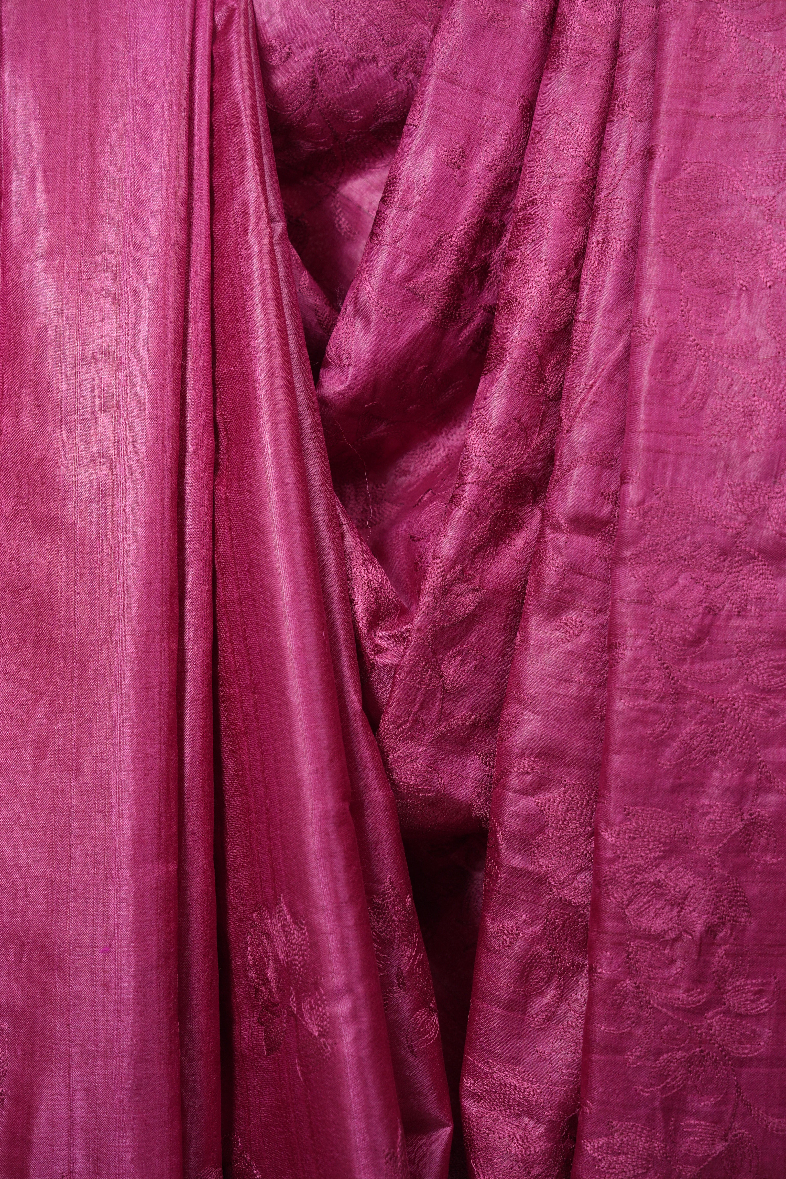 Rani Pink Machine Embroidered Tussar Silk Saree - SRRPMETSS1602