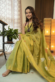 Gold Green Tissue Linen Jamdani Saree - SRGRTLJS156