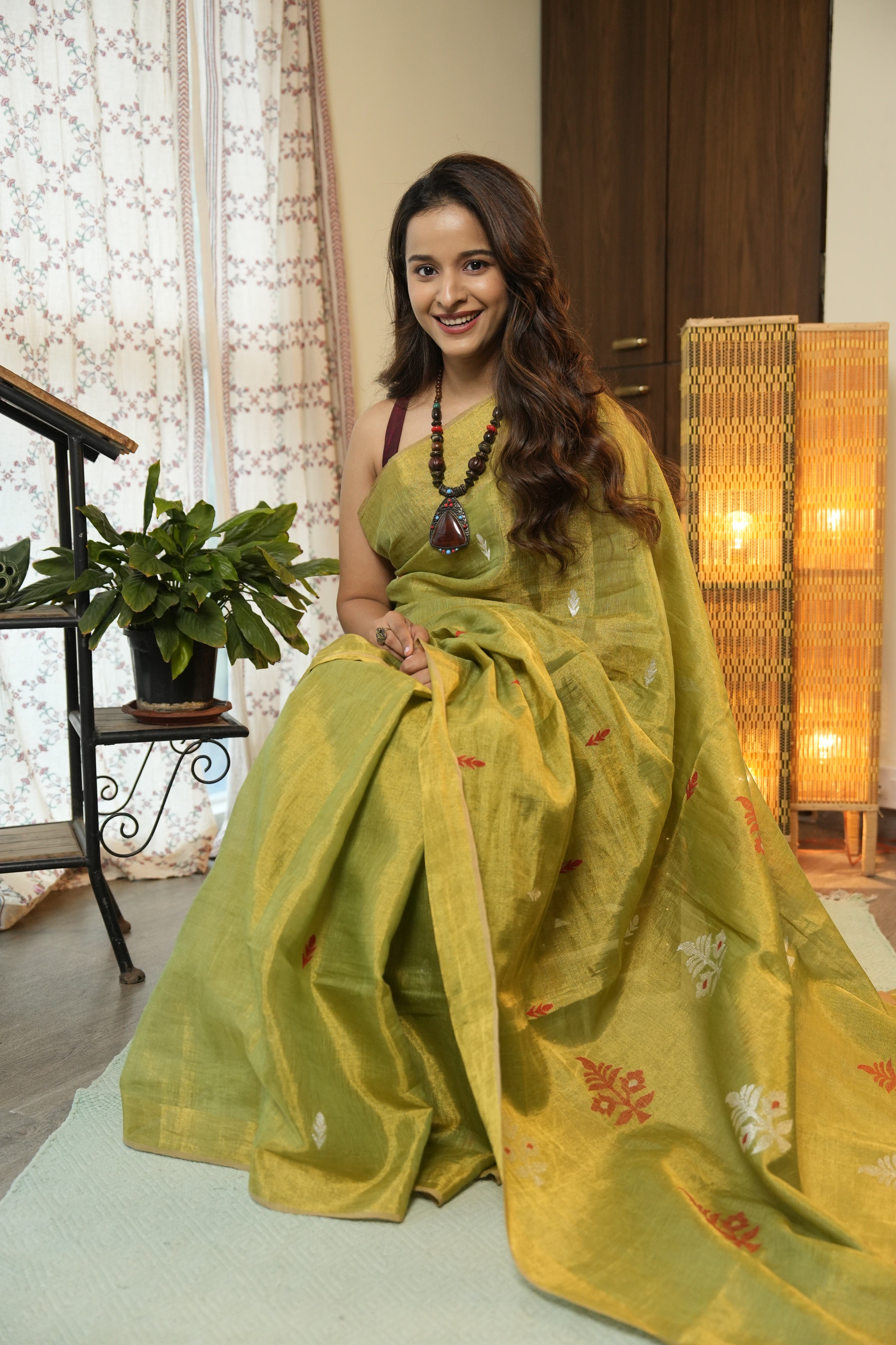 Gold Green Tissue Linen Jamdani Saree - SRGRTLJS156