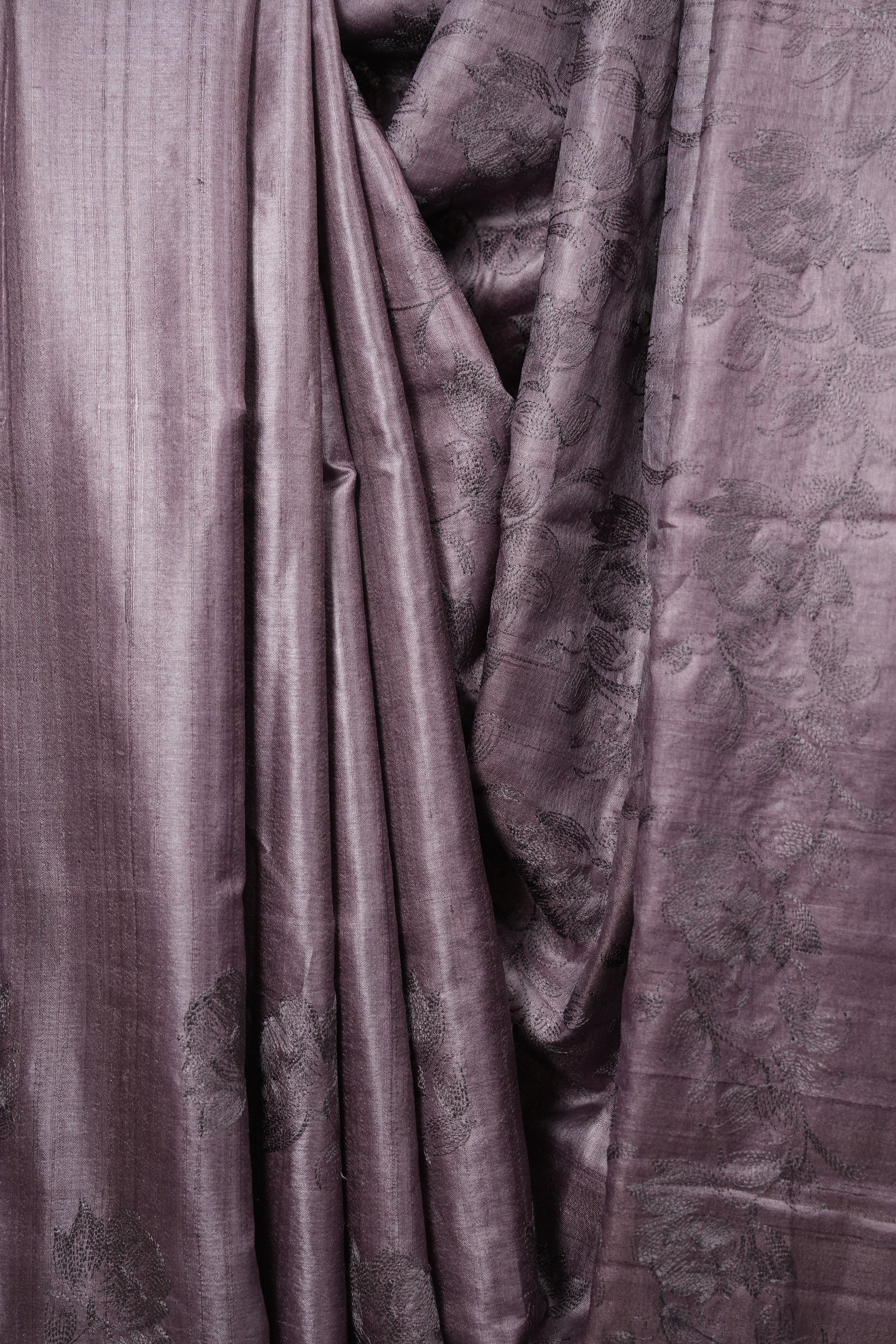 Pale Purple Machine Embroidered Tussar Silk Saree - SRPPMETSS1601