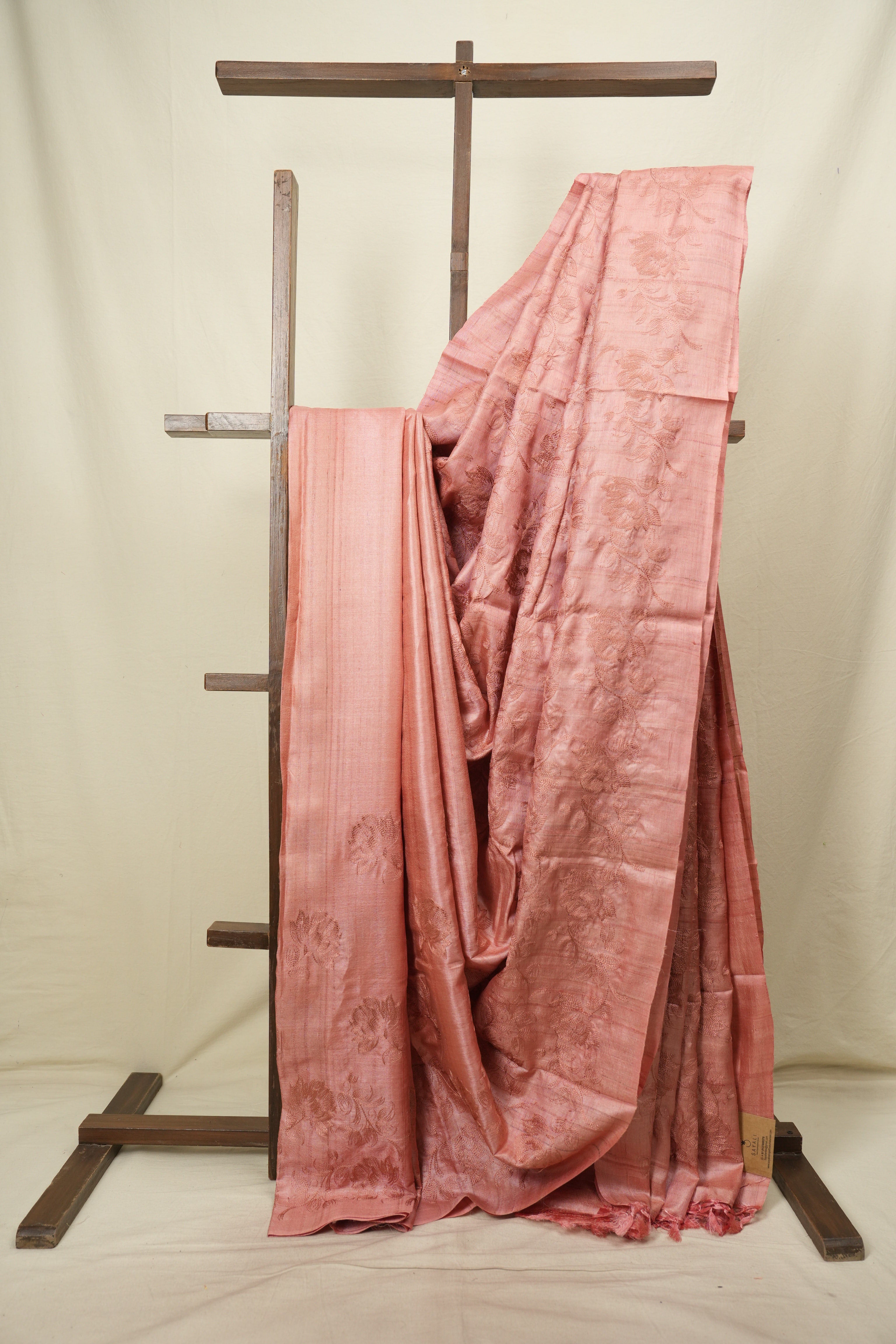 Peach Machine Embroidered Tussar Silk Saree - SRPMETSS1599