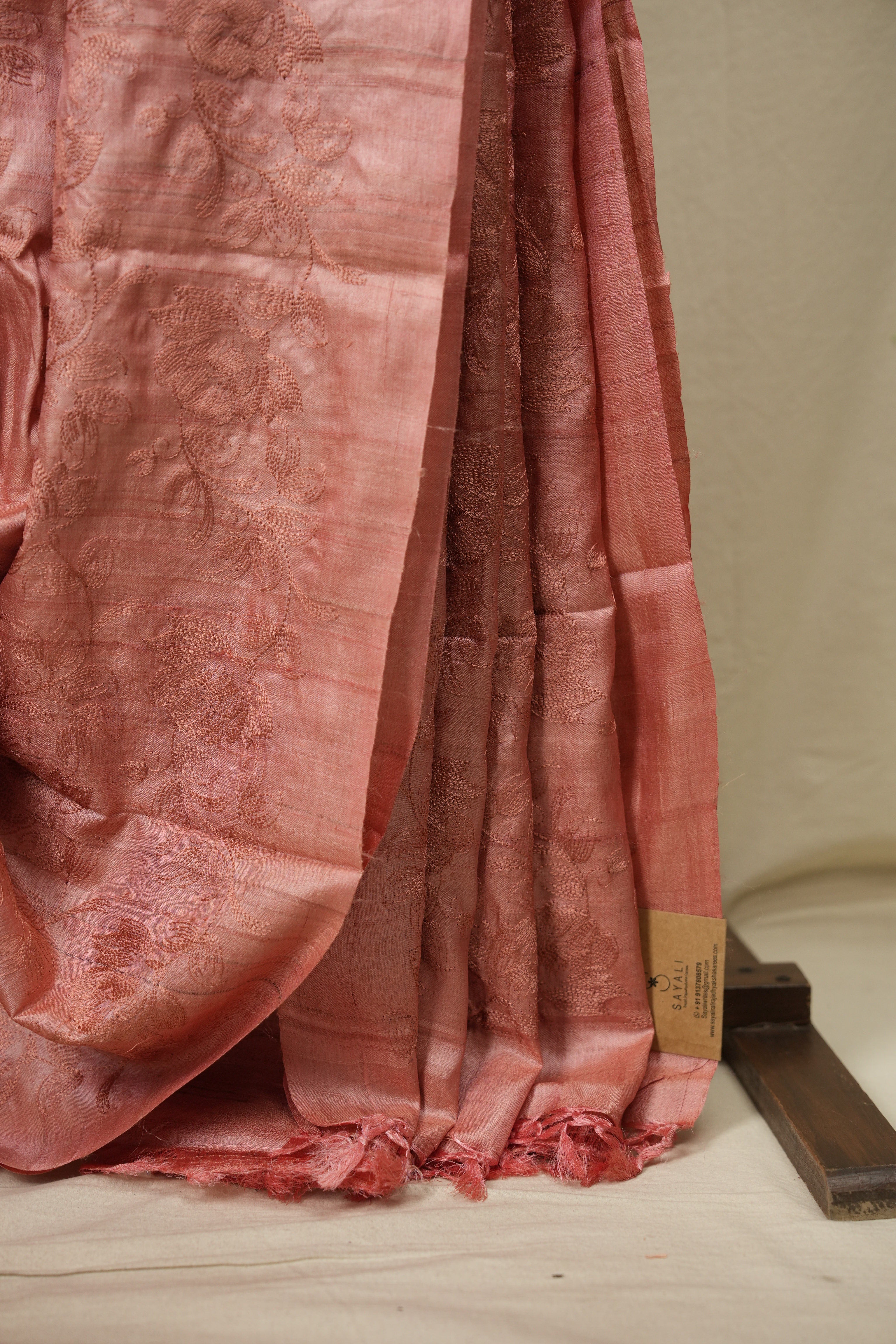 Peach Machine Embroidered Tussar Silk Saree - SRPMETSS1599