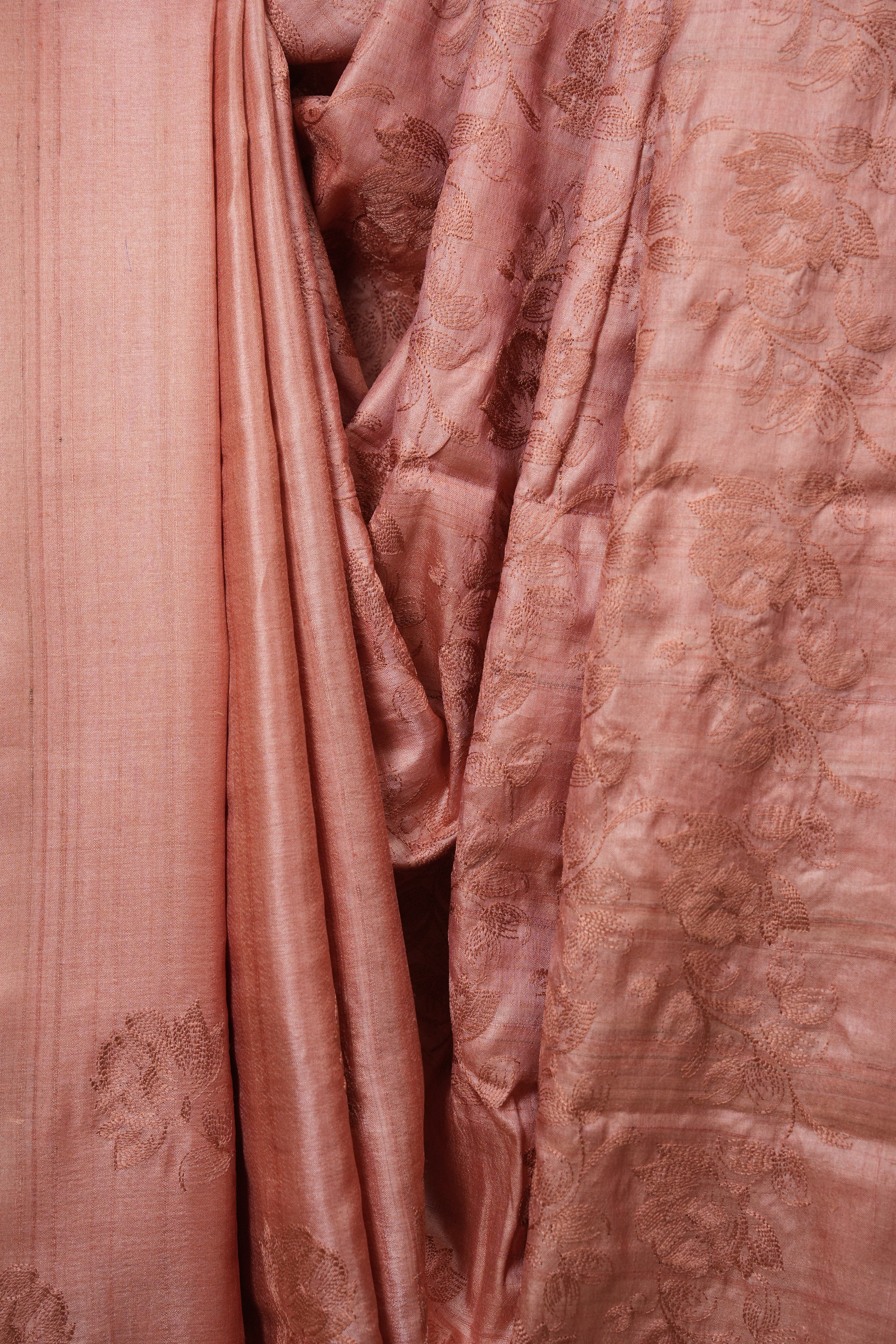 Peach Machine Embroidered Tussar Silk Saree - SRPMETSS1599