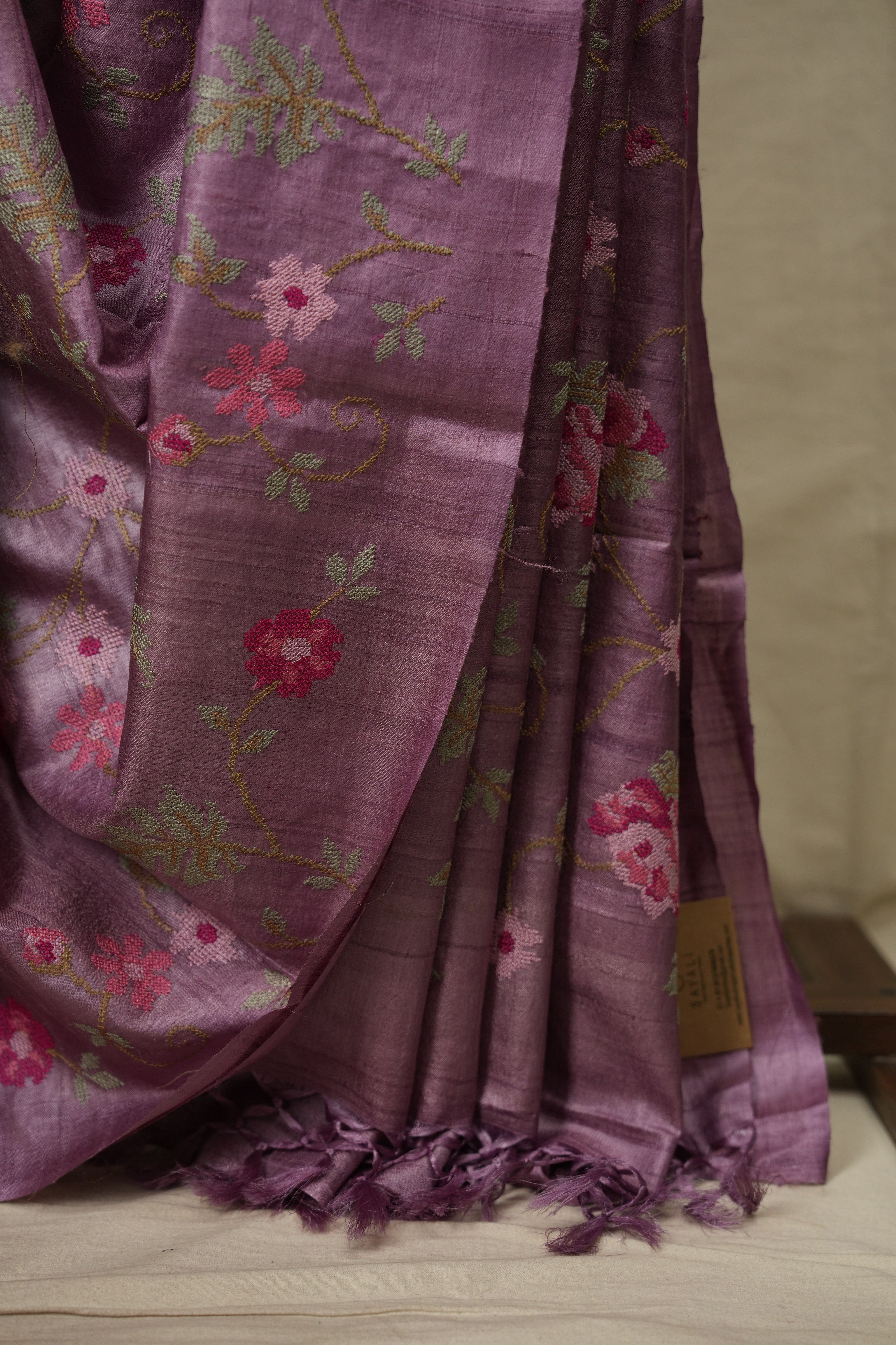 Onion Pink Machine Embroidered Tussar Silk Saree - SROPMETSS1585