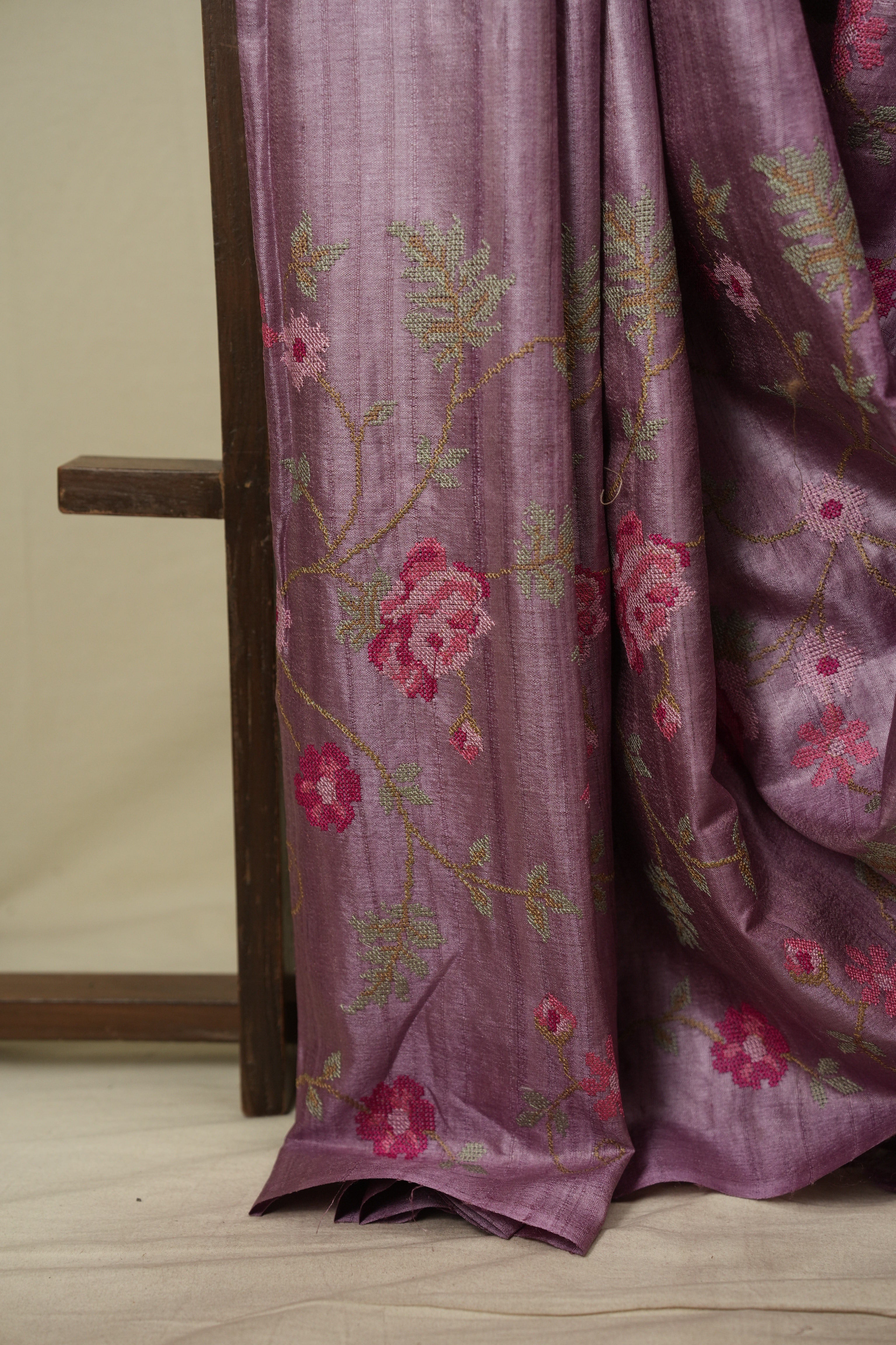 Onion Pink Machine Embroidered Tussar Silk Saree - SROPMETSS1585