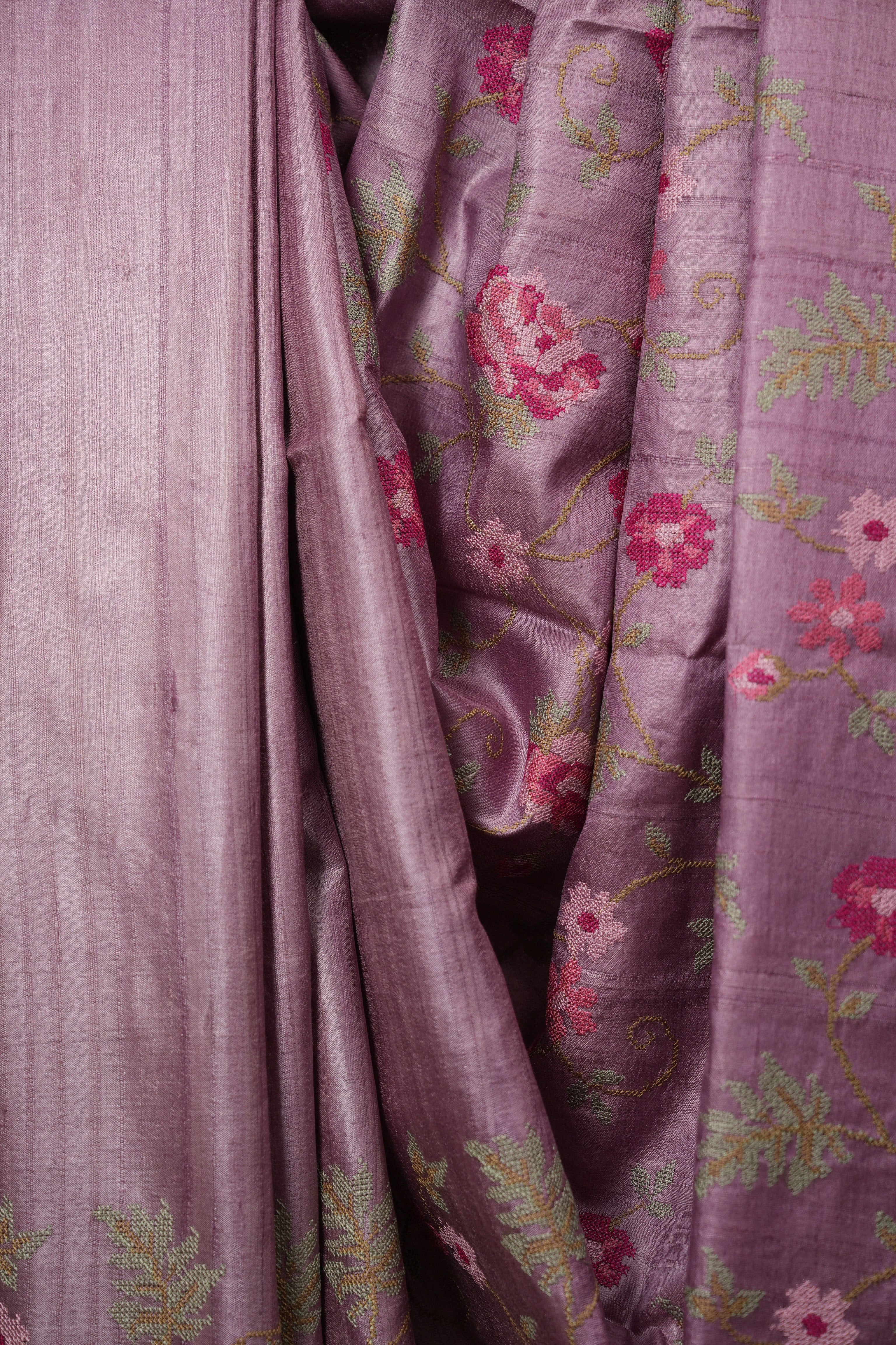 Onion Pink Machine Embroidered Tussar Silk Saree - SROPMETSS1585