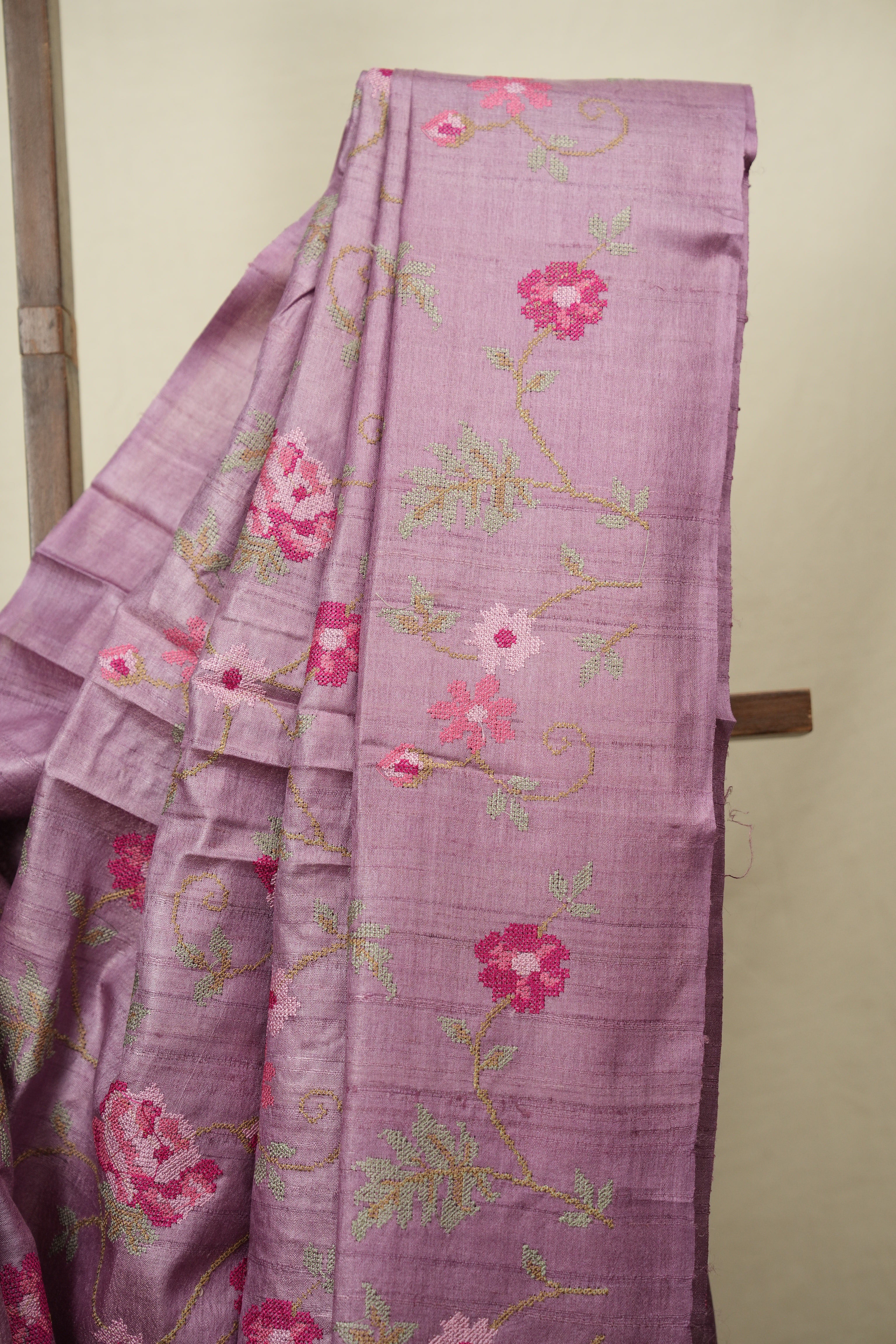 Onion Pink Machine Embroidered Tussar Silk Saree - SROPMETSS1585