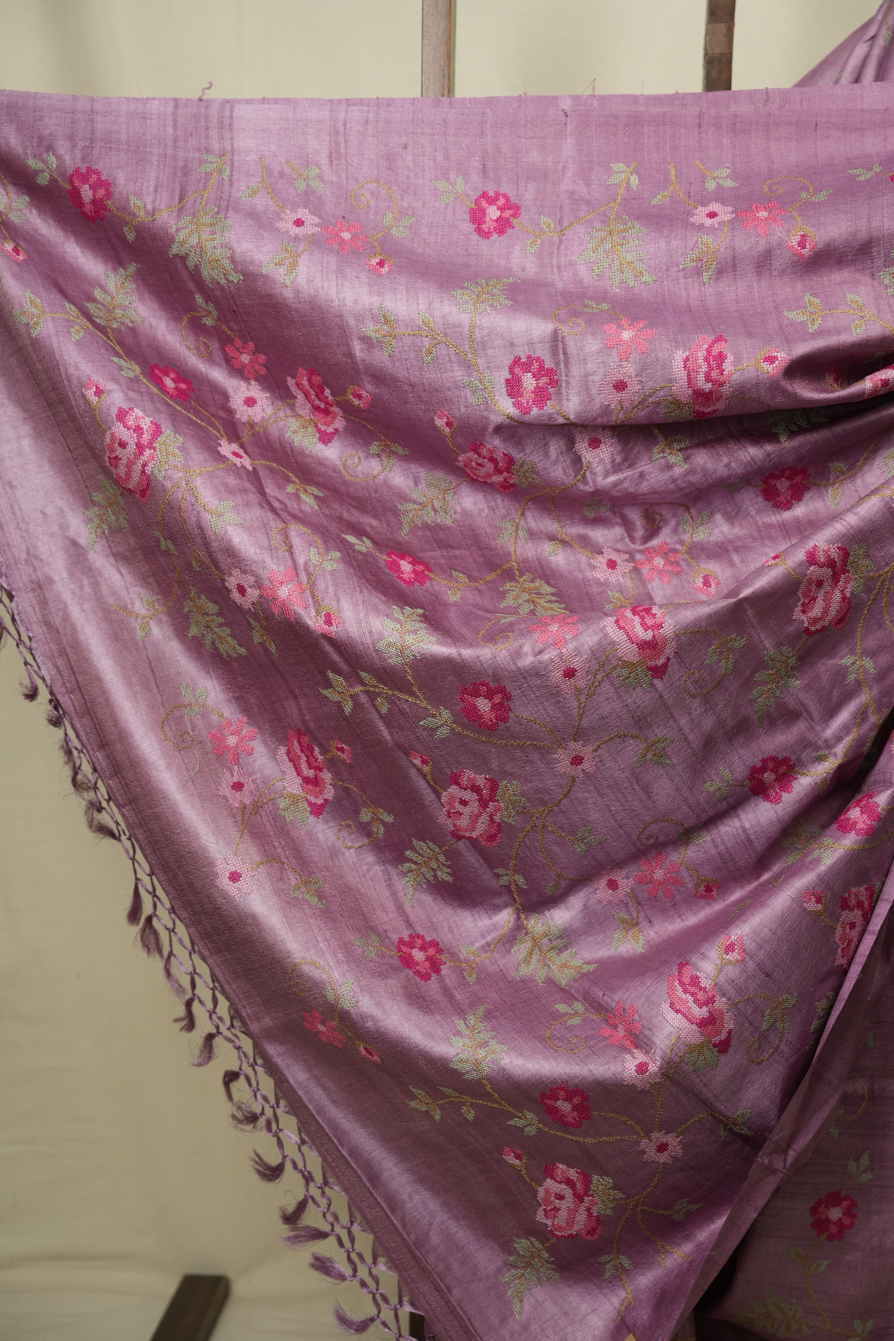 Onion Pink Machine Embroidered Tussar Silk Saree - SROPMETSS1585