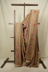 Dark Beige Machine Embroidered Tussar Silk Saree - SRDBMETSS1593
