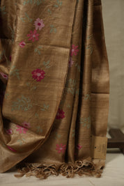 Dark Beige Machine Embroidered Tussar Silk Saree - SRDBMETSS1593