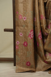 Dark Beige Machine Embroidered Tussar Silk Saree - SRDBMETSS1593