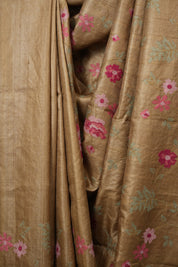 Dark Beige Machine Embroidered Tussar Silk Saree - SRDBMETSS1593