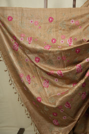 Dark Beige Machine Embroidered Tussar Silk Saree - SRDBMETSS1593