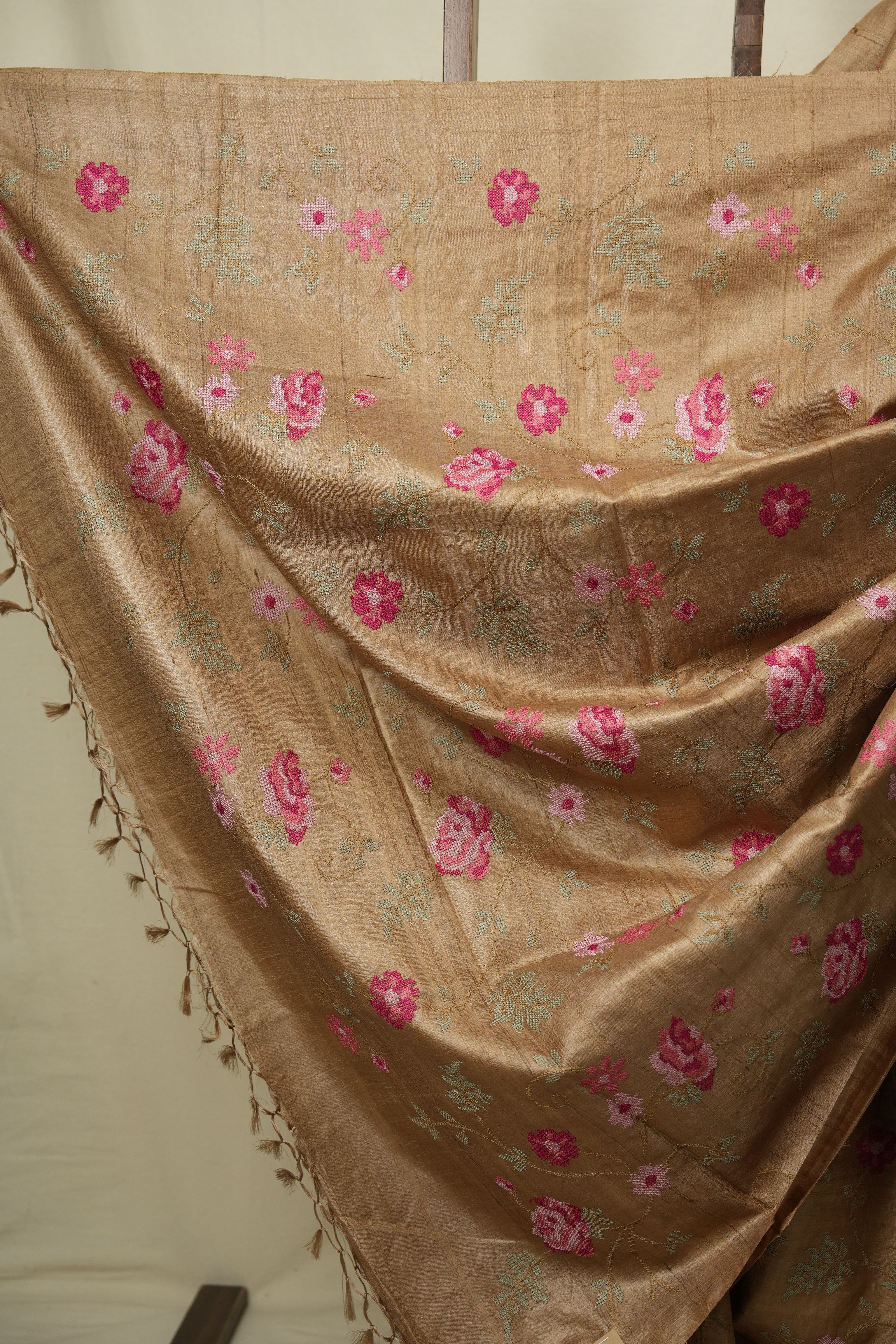 Dark Beige Machine Embroidered Tussar Silk Saree - SRDBMETSS1593