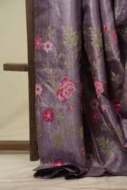 Pale Purple Machine Embroidered Tussar Silk Saree - SRPPMETSS1596