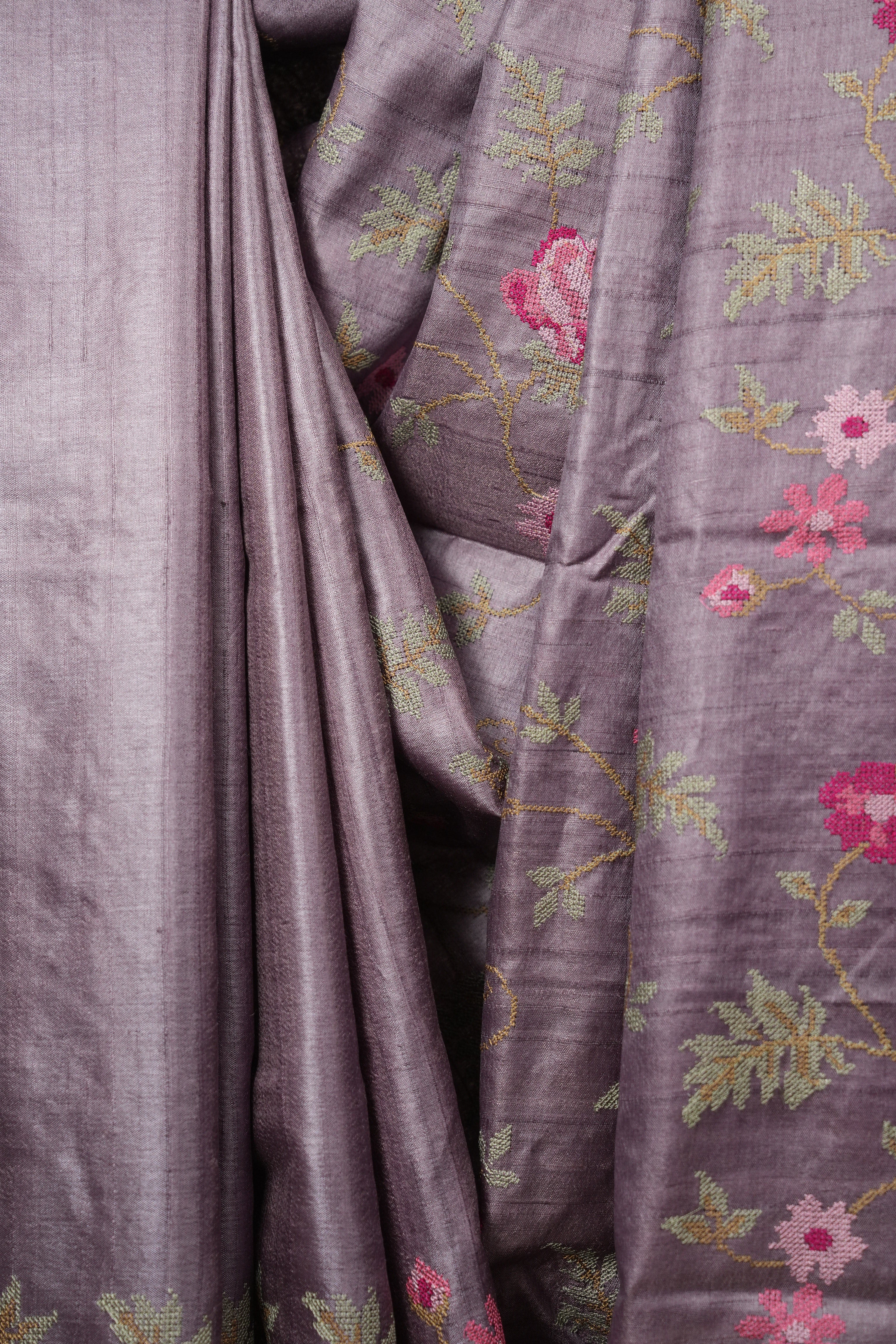 Pale Purple Machine Embroidered Tussar Silk Saree - SRPPMETSS1596