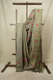 Sage Green Machine Embroidered Tussar Silk Saree - SRSGMETSS1583