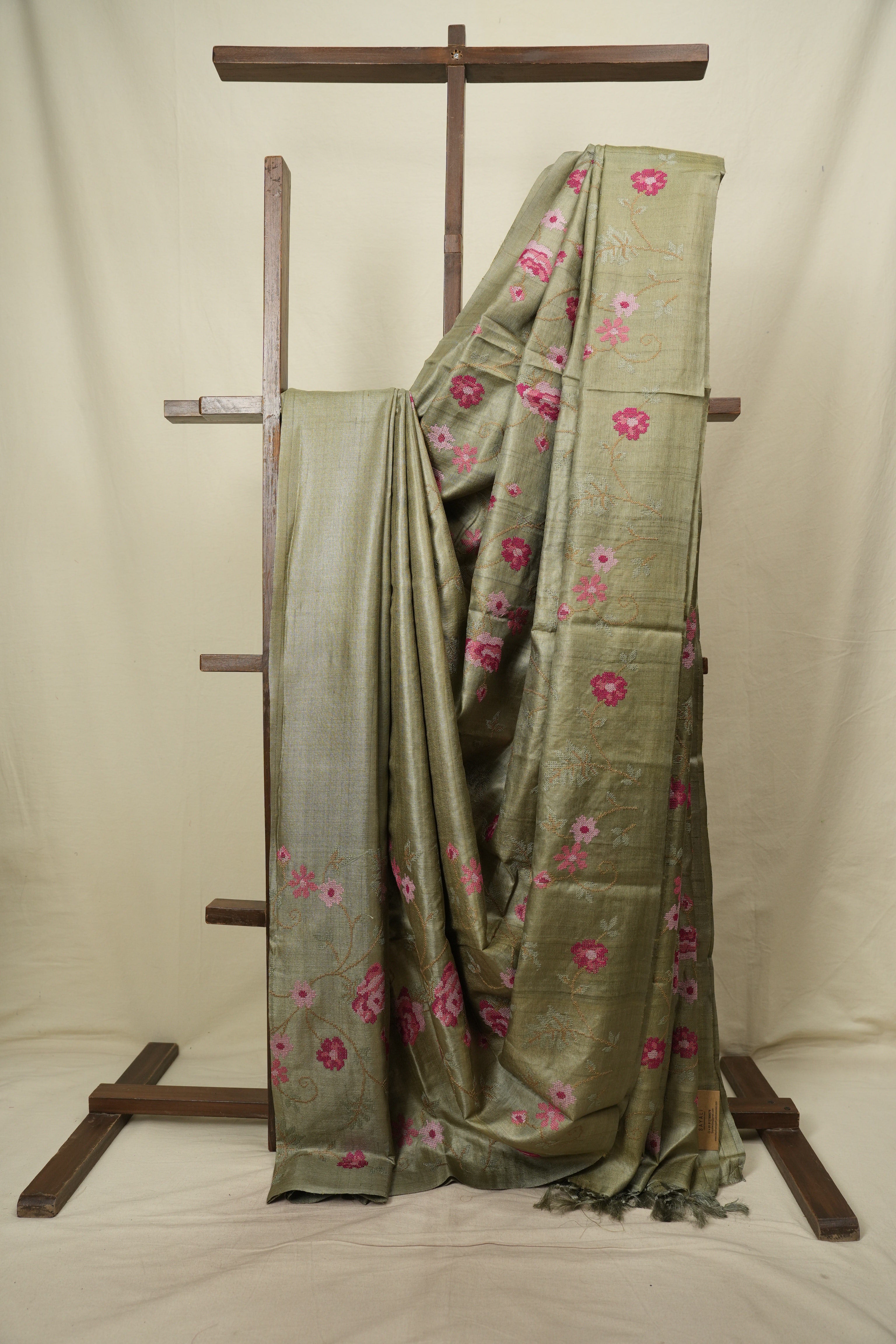 Sage Green Machine Embroidered Tussar Silk Saree - SRSGMETSS1583