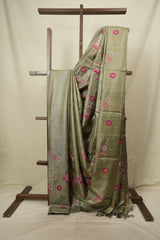 Sage Green Machine Embroidered Tussar Silk Saree - SRSGMETSS1583
