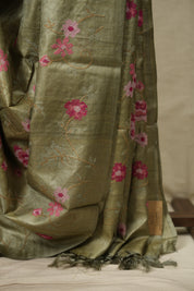 Sage Green Machine Embroidered Tussar Silk Saree - SRSGMETSS1583