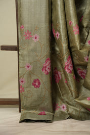 Sage Green Machine Embroidered Tussar Silk Saree - SRSGMETSS1583