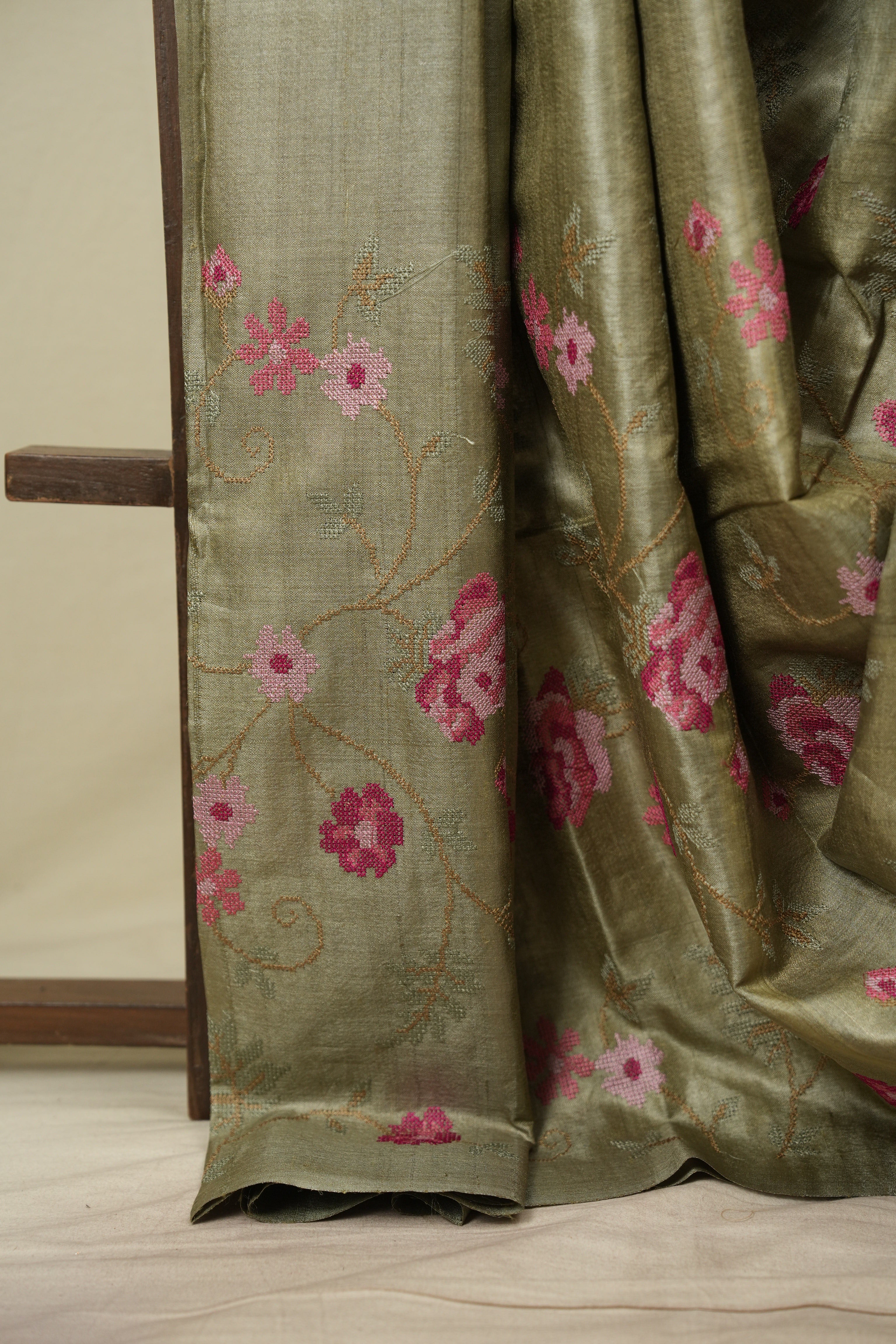 Sage Green Machine Embroidered Tussar Silk Saree - SRSGMETSS1583