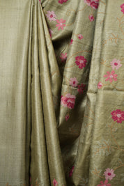 Sage Green Machine Embroidered Tussar Silk Saree - SRSGMETSS1583