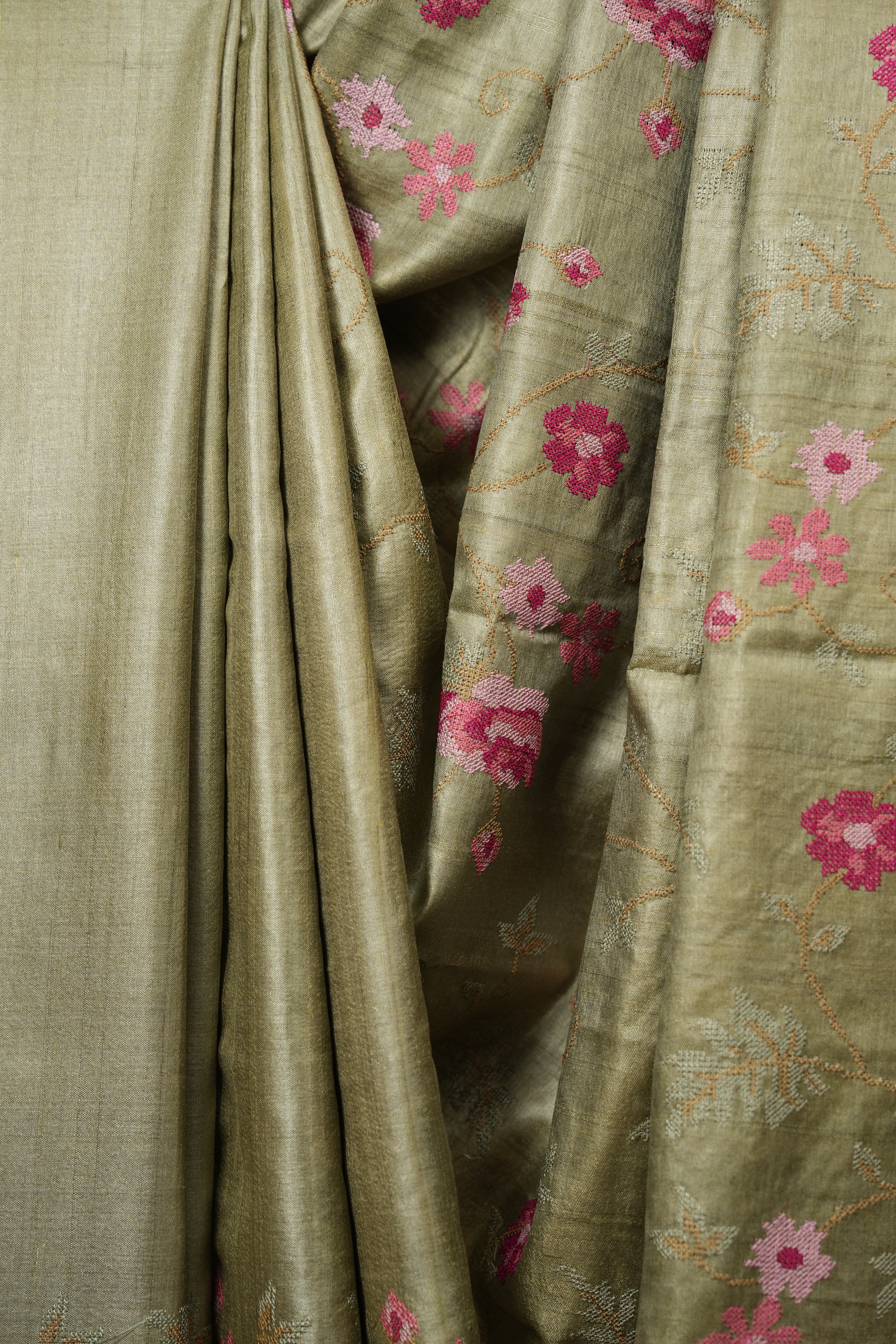 Sage Green Machine Embroidered Tussar Silk Saree - SRSGMETSS1583