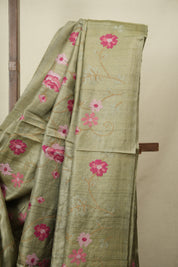 Sage Green Machine Embroidered Tussar Silk Saree - SRSGMETSS1583