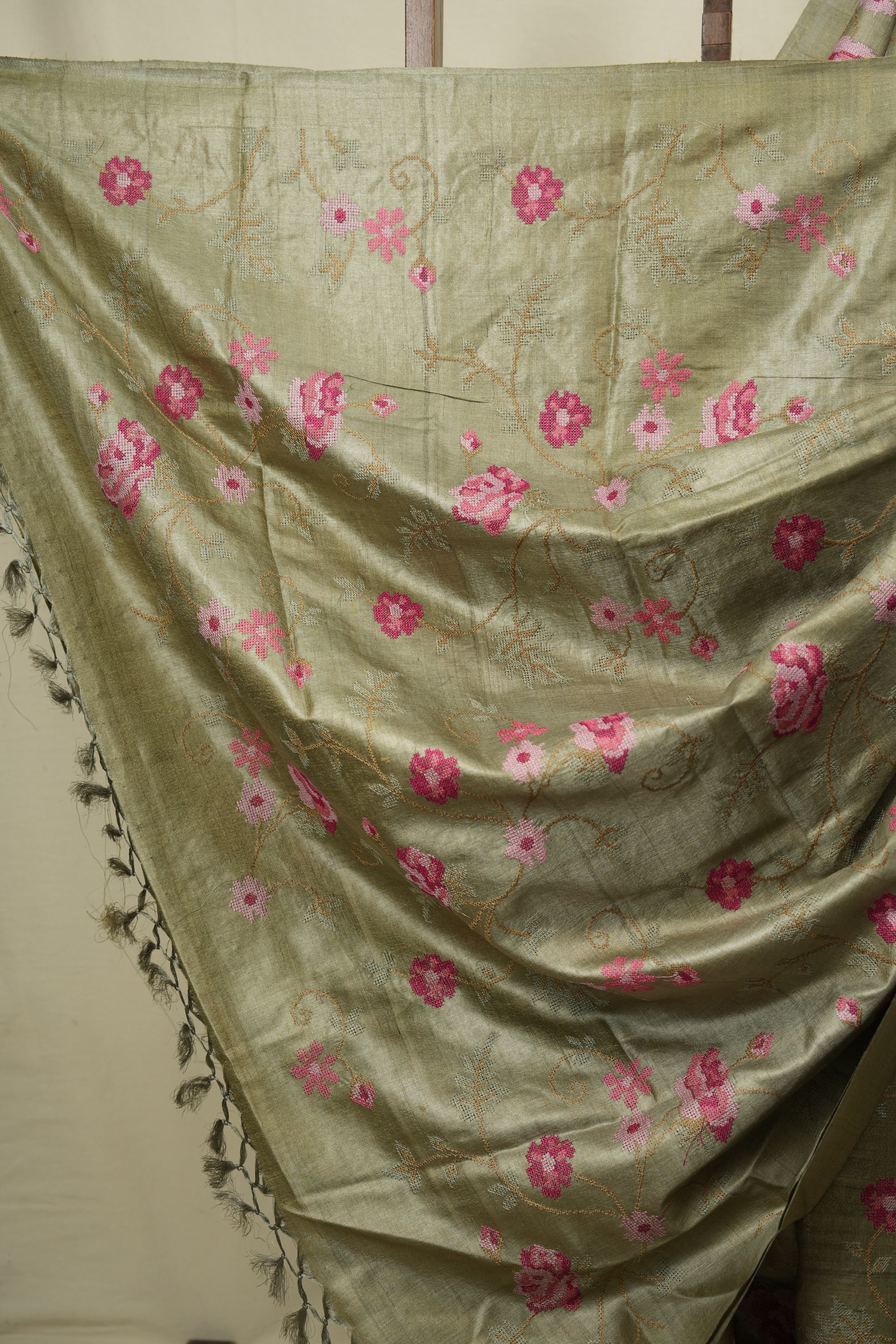 Sage Green Machine Embroidered Tussar Silk Saree - SRSGMETSS1583
