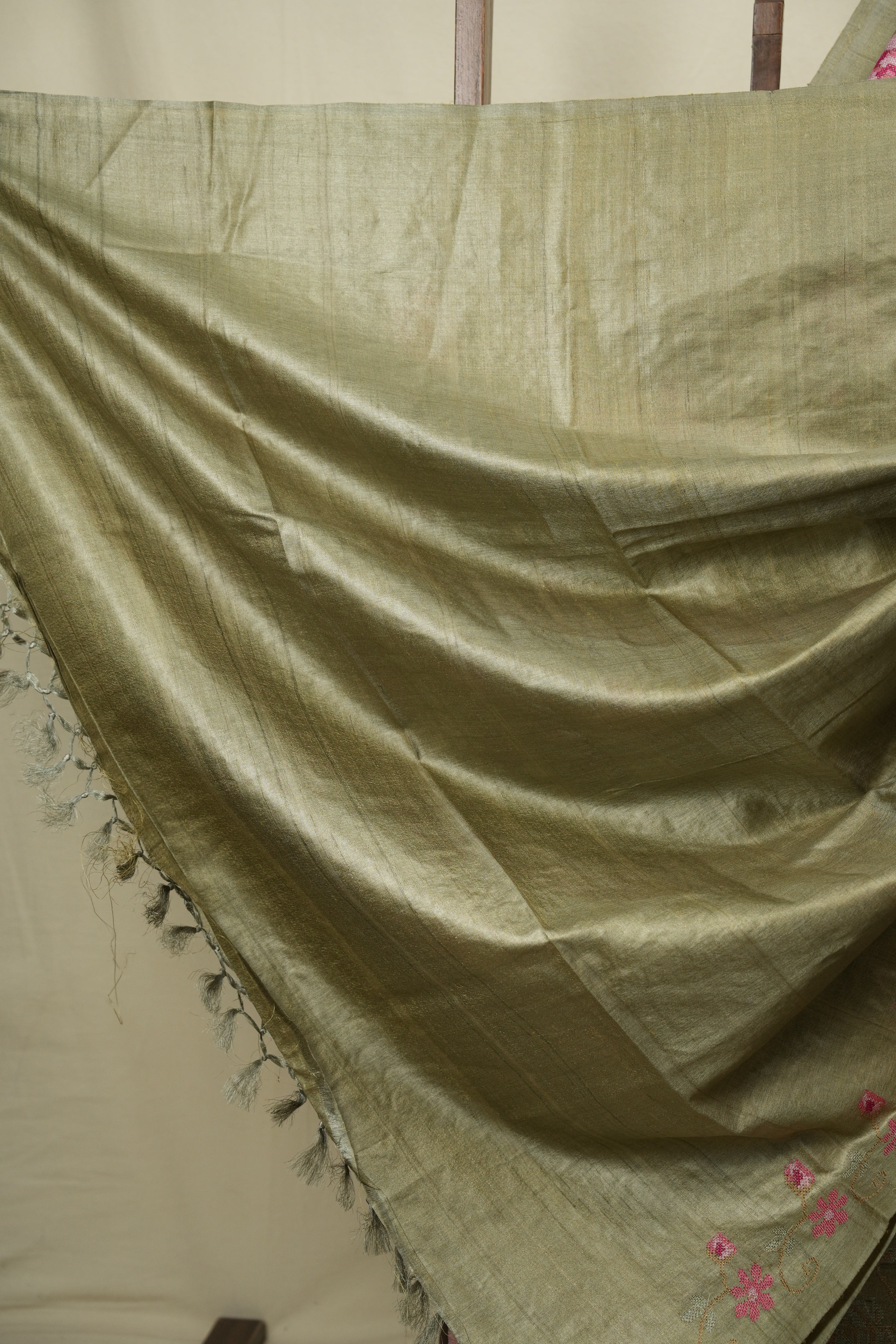 Sage Green Machine Embroidered Tussar Silk Saree - SRSGMETSS1583