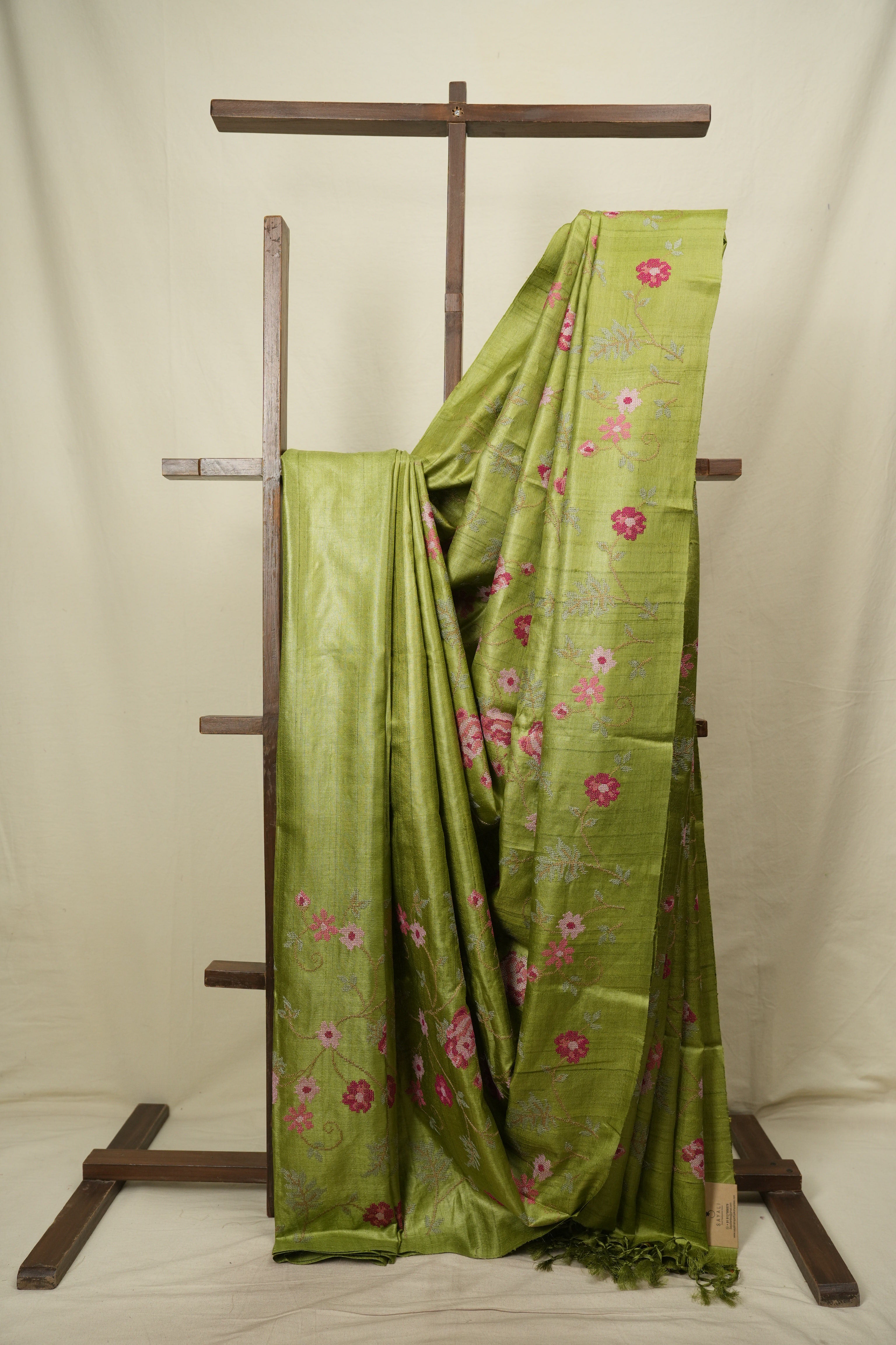 Pista Green Machine Embroidered Tussar Silk Saree - SRPGMETSS1586