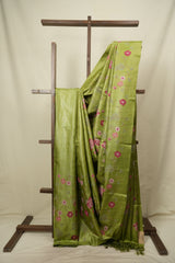 Pista Green Machine Embroidered Tussar Silk Saree - SRPGMETSS1586