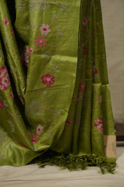 Pista Green Machine Embroidered Tussar Silk Saree - SRPGMETSS1586