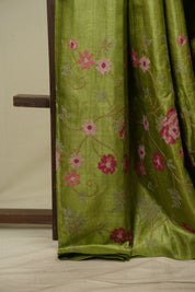 Pista Green Machine Embroidered Tussar Silk Saree - SRPGMETSS1586