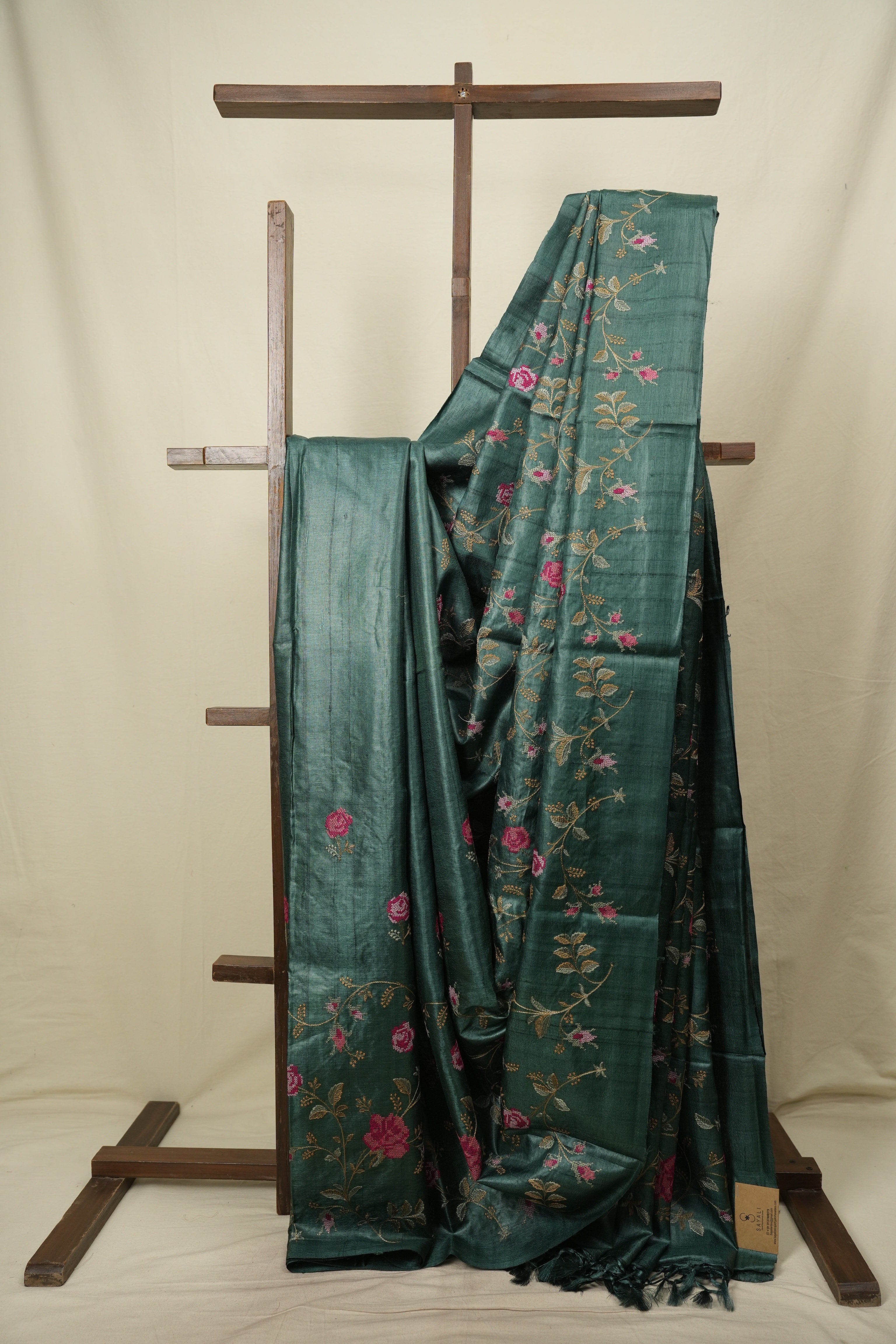 Dark Green Machine Embroidered Tussar Silk Saree - SRDGMETSS1598