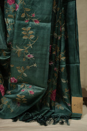 Dark Green Machine Embroidered Tussar Silk Saree - SRDGMETSS1598