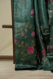 Dark Green Machine Embroidered Tussar Silk Saree - SRDGMETSS1598