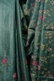 Dark Green Machine Embroidered Tussar Silk Saree - SRDGMETSS1598