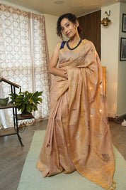 Peach  Tissue Linen Jamdani Saree - SRPTLJS180