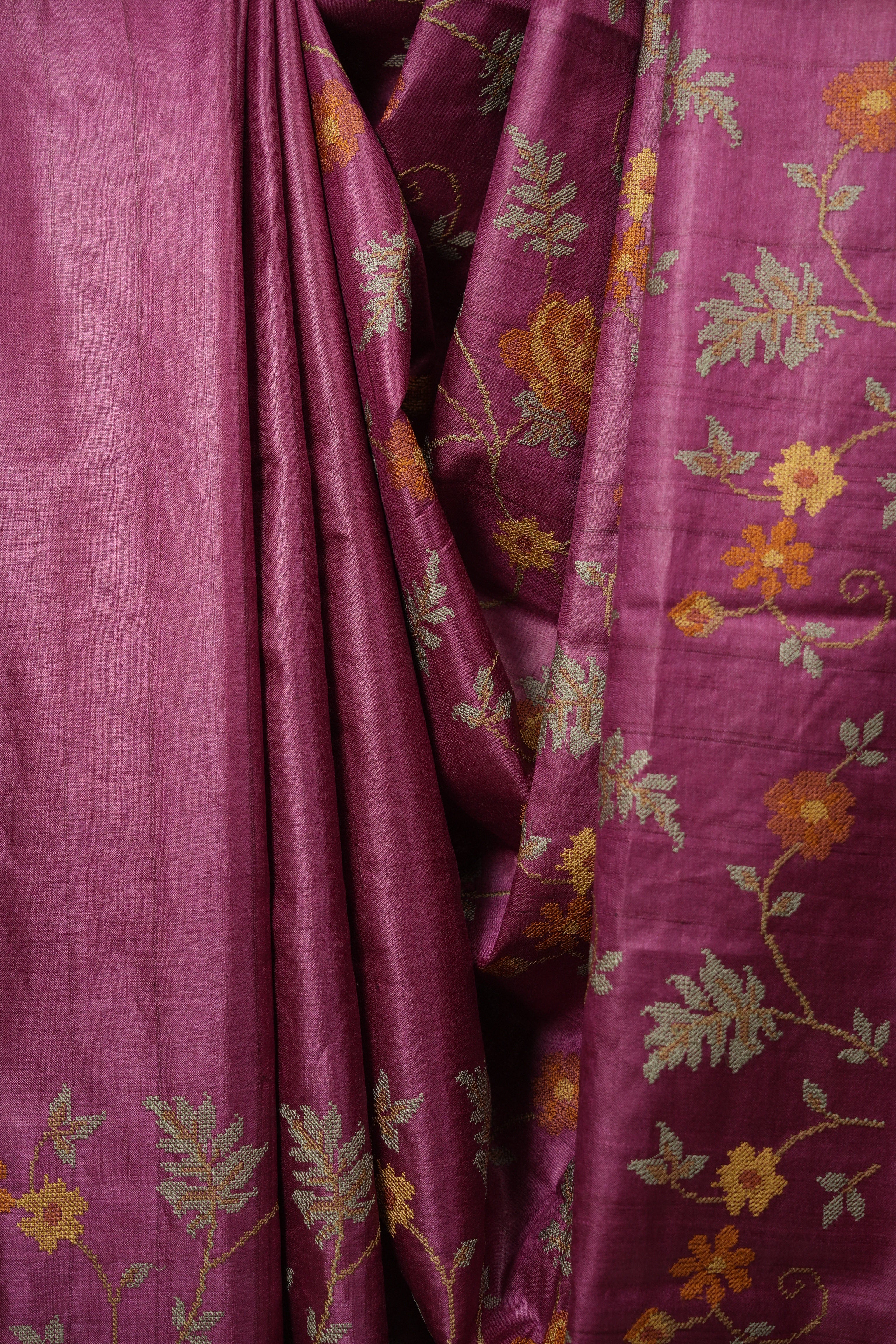 Onion Pink Machine Embroidered Tussar Silk Saree - SROPMETSS1597