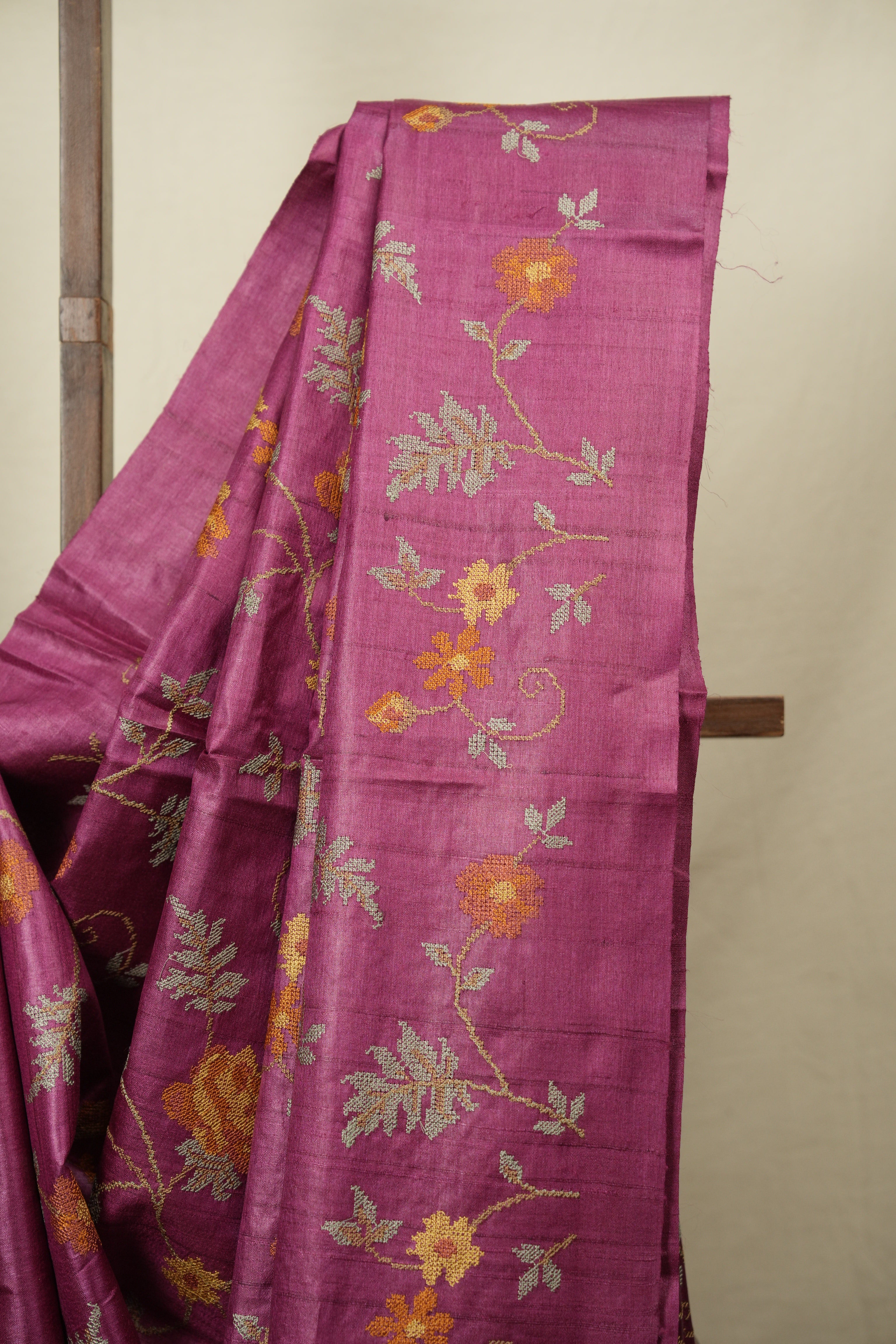 Onion Pink Machine Embroidered Tussar Silk Saree - SROPMETSS1597