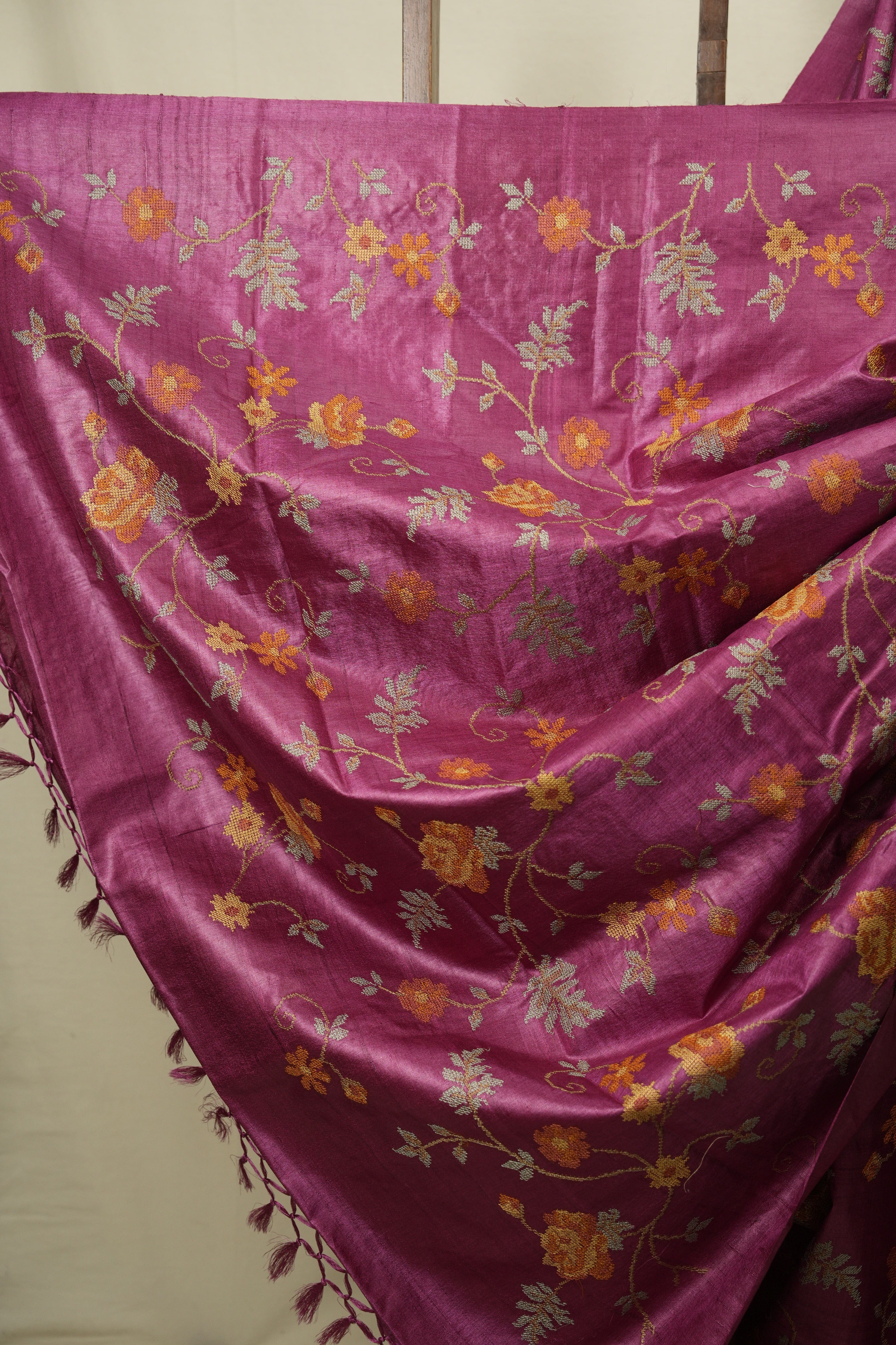 Onion Pink Machine Embroidered Tussar Silk Saree - SROPMETSS1597