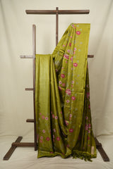 Mehendi Machine Embroidered Tussar Silk Saree - SRMMETSS1584