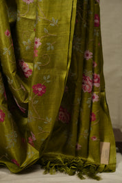 Mehendi Machine Embroidered Tussar Silk Saree - SRMMETSS1584