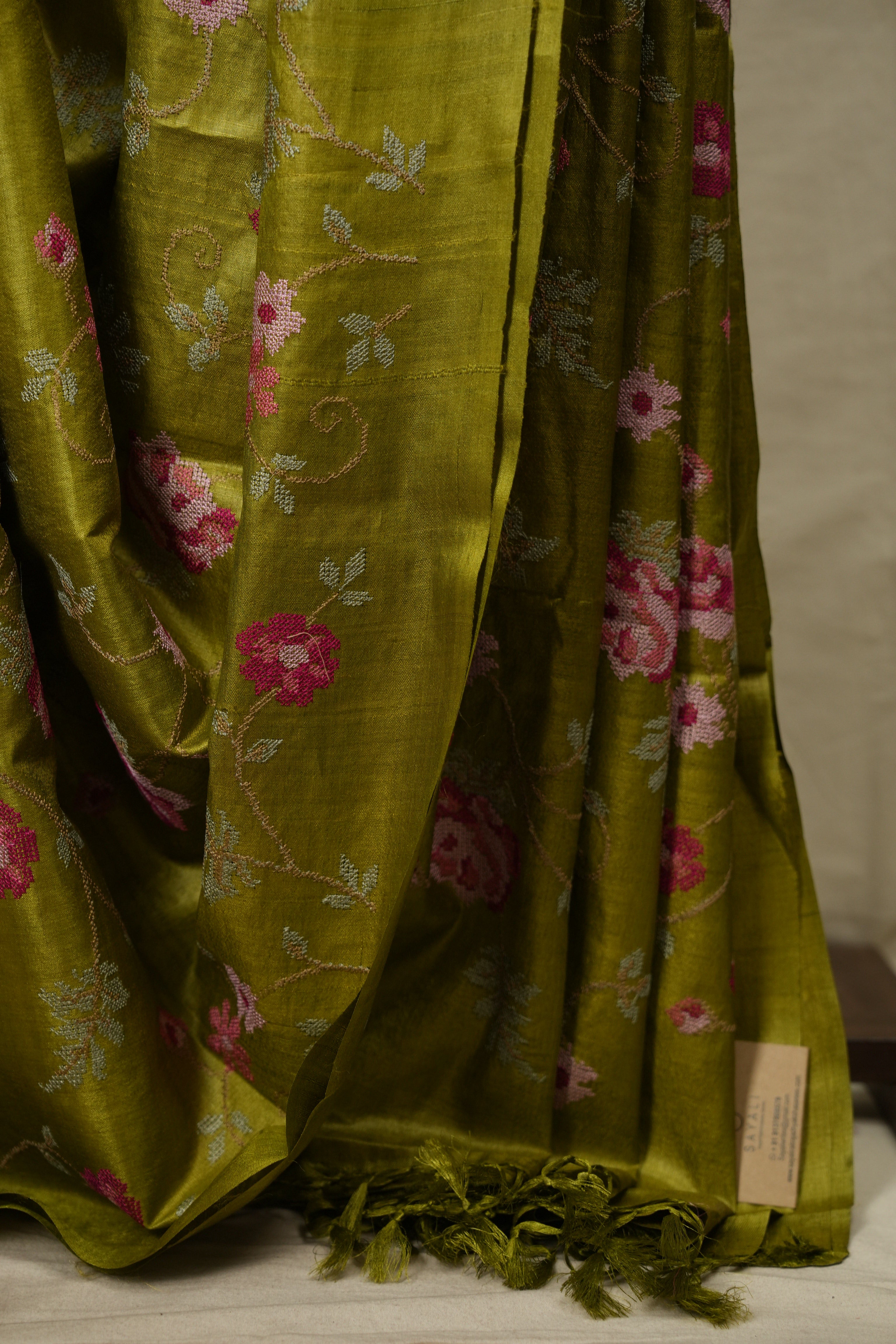 Mehendi Machine Embroidered Tussar Silk Saree - SRMMETSS1584
