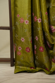 Mehendi Machine Embroidered Tussar Silk Saree - SRMMETSS1584